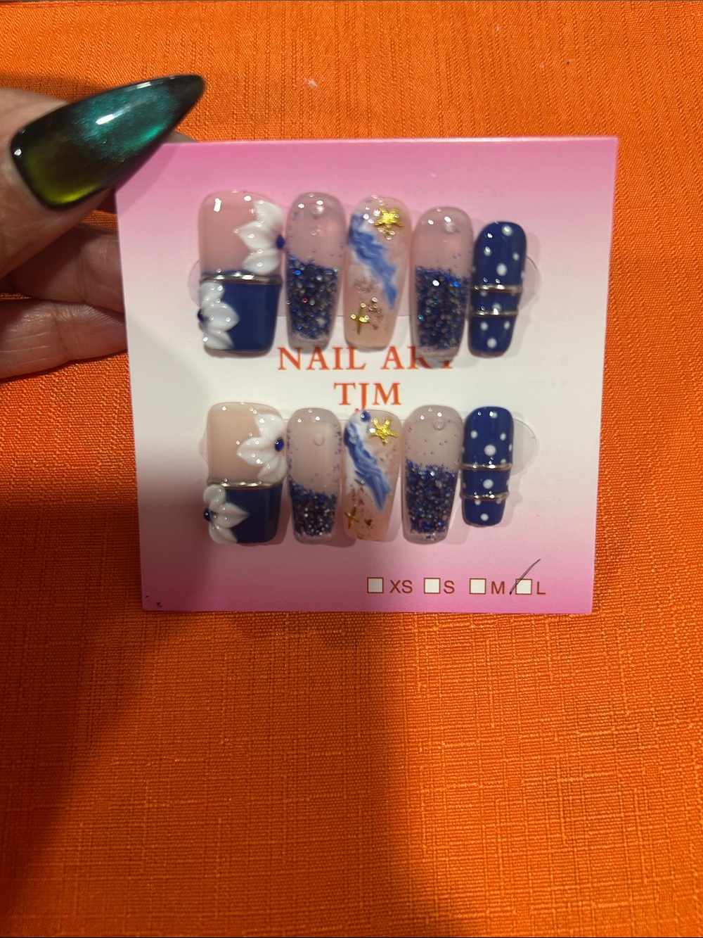 Waternails-Blue Floral & Glitter Press-On Nail Set-L
